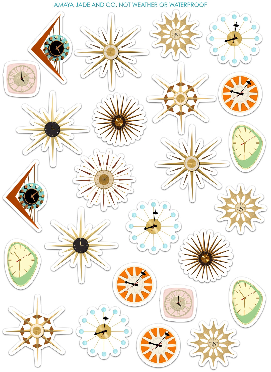 Mid Century Modern Clocks Art Sticker Set Retro Palm Springs Style
