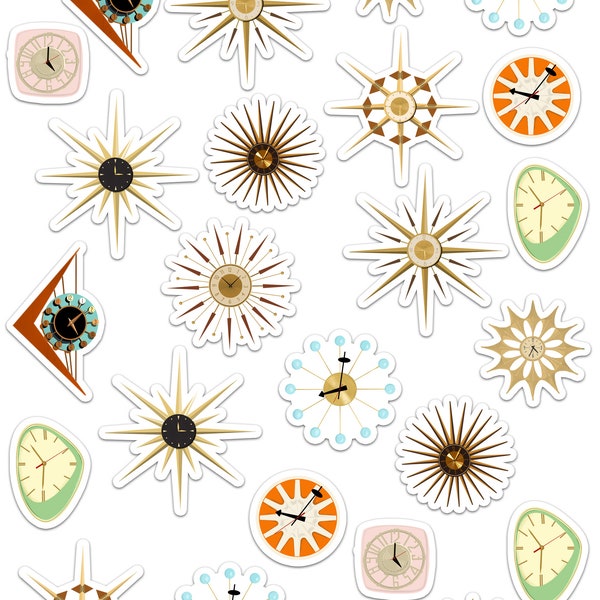 Mid Century Modern Clocks Art Sticker Set | Retro | Palm Springs Style | Starburst Clock | Vintage | Mod Clocks | Clock Stickers | Planner