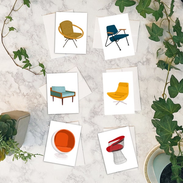 Mid Century Modern Chairs Cards w/envelopes Set of 6 | Mid Mod Chair | Mid Century Card | MCM Greeting Card | Thank you Card | Birthday Card
