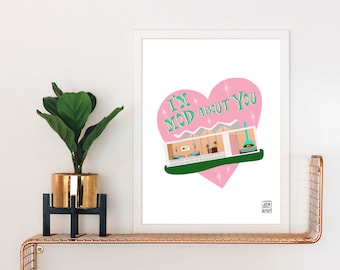Mid-Century Modern House Art Print: Retro Atomic Ranch Valentine