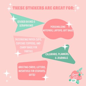 May include: Pink and green illustrated graphic with the text "These stickers are great for:" and lists of uses for stickers, including decorating paper cups, personalising laptops, and greeting cards. The graphic also includes the text "Amaya Jade Co."