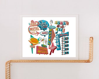 Vintage Hotel Motel Signs Art Print: Mid-Century Modern Travel