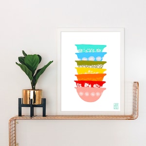 Rainbow Stacked Vintage Bowls Art Print: Retro Kitchen Decor