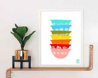 Rainbow Stacked Vintage Bowls Art Print: Retro Kitchen Decor