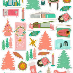 Mid-Century Modern Christmas, Art Sticker Set, Palm Springs Style, Putz Houses Christmas, Vintage Christmas, Retro Christmas