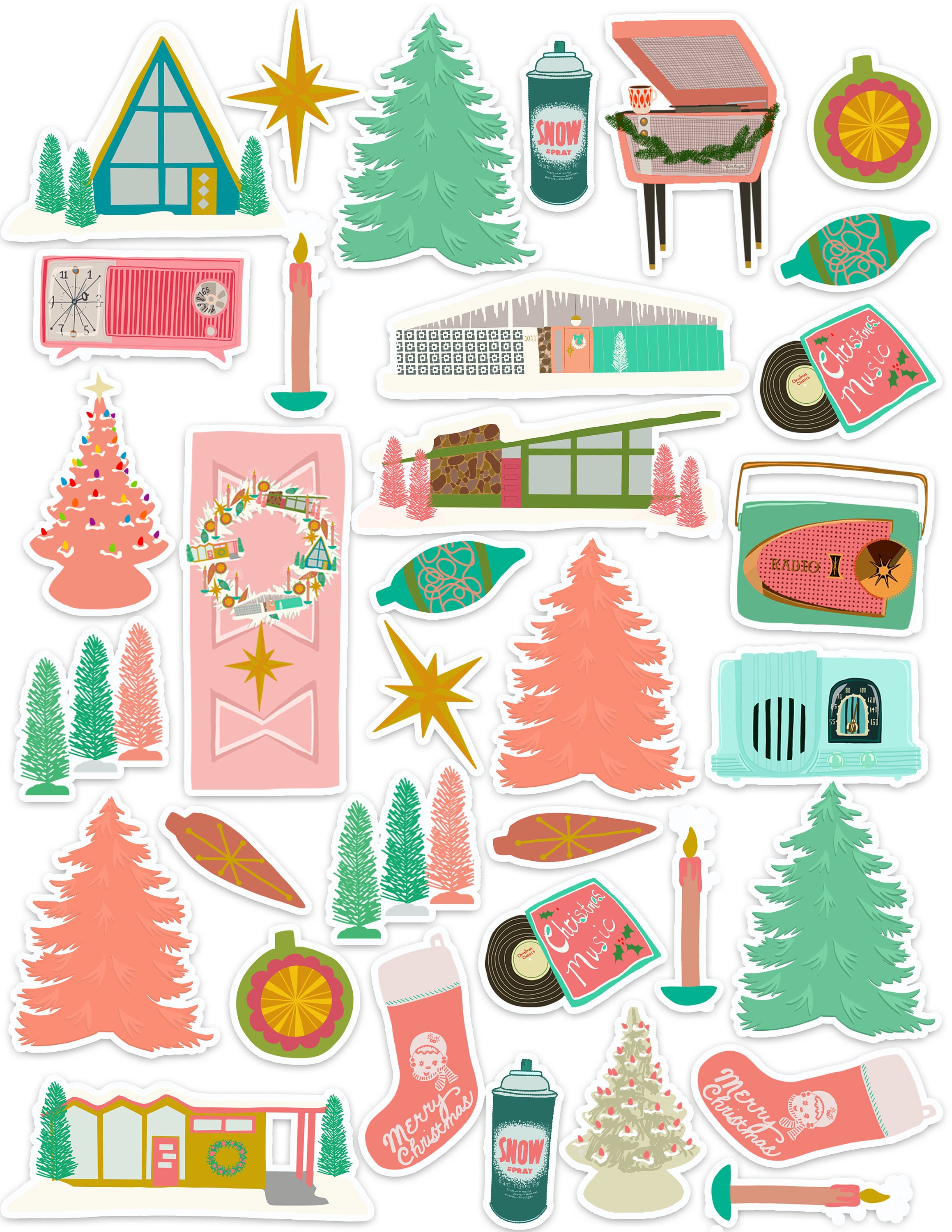 Mid Century Modern Christmas Art Sticker Set Stickers Etsy