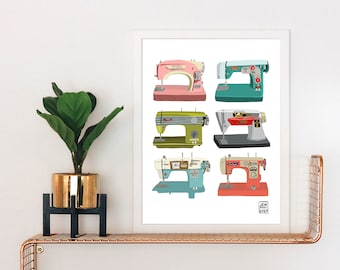 Vintage Sewing Machines Art Print: Mid-Century Modern Style