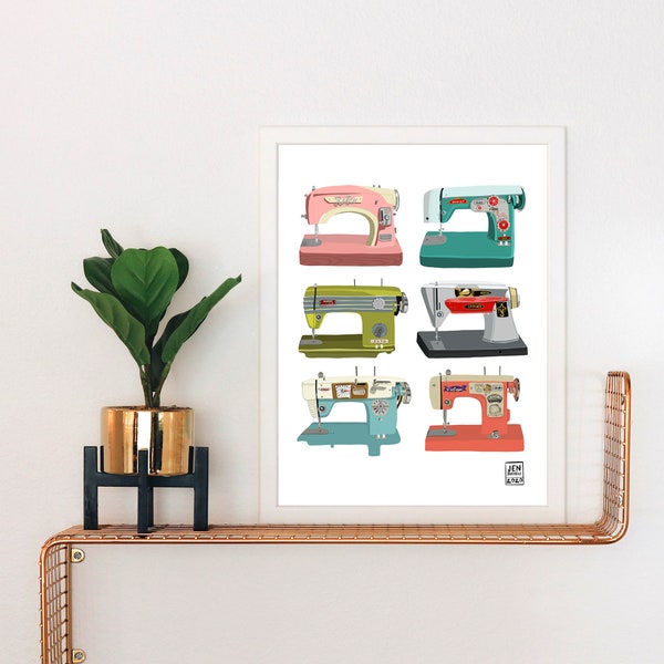Vintage Sewing Machines Art Print: Mid-Century Modern Style