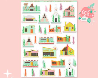 May include: A set of 20 colorful vintage-style house stickers. The stickers feature a variety of house styles, including a church, a coffee shop, and a few A-frame houses. The stickers are perfect for adding a touch of whimsy to planners, journals, and other surfaces.