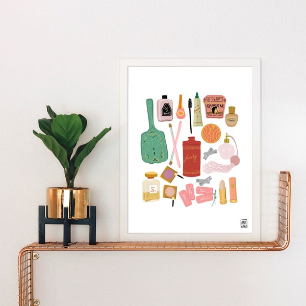 Vintage Beauty Products Art Print | Mid Mod | Vanity Items | Dressing Table | Pink | Make up | Beauty | Perfume Bottle Art | Make up Art