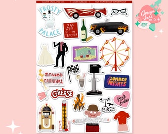May include: A set of 16 colorful stickers featuring various images from the movie Grease. The stickers include a car, a Ferris wheel, a jukebox, a campfire, and a sign that says "Summer Nights".
