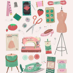 May include: A collection of sewing supplies including a pink sewing machine, a green and white iron, a pink and white dress form, a spool of thread, buttons, a thimble, a pin cushion, scissors, safety pins, and a measuring tape.