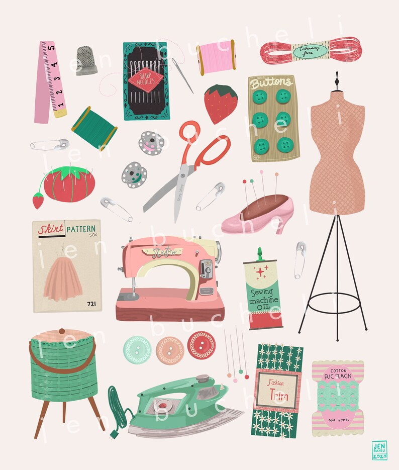 May include: A collection of sewing supplies including a pink sewing machine, a green and white iron, a pink and white dress form, a spool of thread, buttons, a thimble, a pin cushion, scissors, safety pins, and a measuring tape.