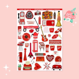 Red Sticker Sheet, Vintage Red Things, Scrapbook Sticker, Birthday Gift for Her, Red Party Decor, Red Party Favor, Nostalgic Stickers