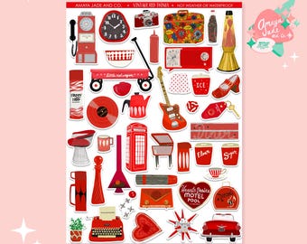May include: A sheet of red and white vintage-style stickers featuring a variety of images, including a red telephone, a red radio, a red guitar, a red wagon, a red lava lamp, a red typewriter, a red heart, and a red car. The text "Vintage Red Things" is printed at the top of the sheet.