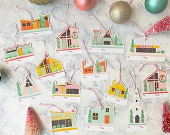 Putz Snow Village Christmas Tag Set of 13 | Vintage Christmas | Nostalgia | Mid Mod Putz Houses | Vintage Style | Retro | Glitter Houses