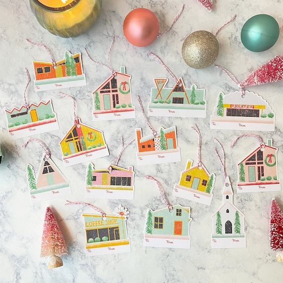 Putz Snow Village Christmas Tags: Mid-Mod Glitter Houses, Set of 13