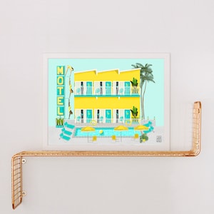 May include: A yellow motel with a turquoise pool and palm trees. The motel sign says "MOTEL".