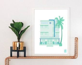 Art Deco Coffee Shop Minimalist Print | Miami Style | Art Deco Architecture | South Beach | Art Deco Building | Tropical | Ocean Ave