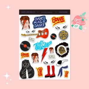 May include: A set of 15 David Bowie themed stickers featuring images of the musician, lyrics, and album covers. The stickers are printed on white paper and have a glossy finish.