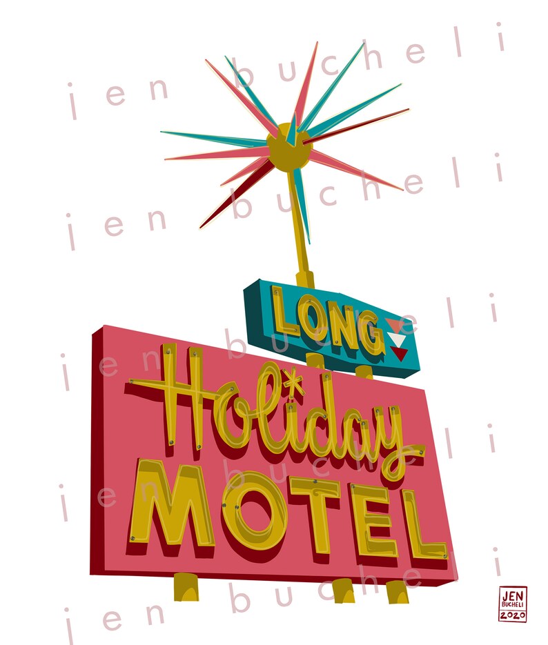 May include: A vintage-style motel sign with a red background and gold lettering. The sign reads "Long Holiday Motel". A starburst with teal, pink, and red accents sits atop the sign.