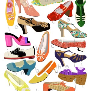 K&ouml;nnte beinhalten: Eine Sammlung von 15 bunten Schuhen in verschiedenen Stilen, darunter Pumps, Sandalen, Ballerinas und Plateauschuhe. Die Schuhe sind in einem zuf&auml;lligen Muster auf wei&szlig;em Hintergrund angeordnet.