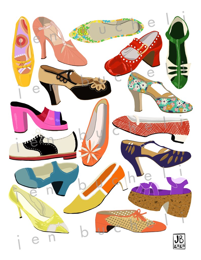 K&ouml;nnte beinhalten: Eine Sammlung von 15 bunten Schuhen in verschiedenen Stilen, darunter Pumps, Sandalen, Ballerinas und Plateauschuhe. Die Schuhe sind in einem zuf&auml;lligen Muster auf wei&szlig;em Hintergrund angeordnet.