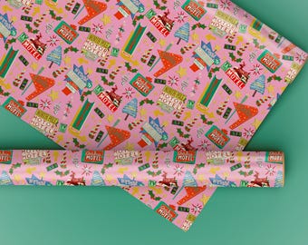 Papel de regalo navideño, letreros retro de motel navideño, papel de regalo estilo vintage, decoración navideña kitsch