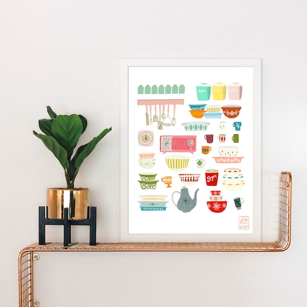 Vintage Kitchen Art Print: Pyrex & Fire King Dishes