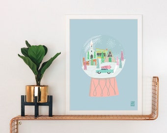 Putz House Village Snow Globe Art Print | Vintage Style | Retro | Holiday | Christmas Print | Glitter Houses | Putz Village | Mod | Pink