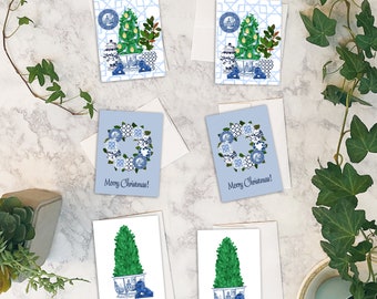 Chinoiserie Christmas cards w/envelopes Set of 6 | Chinoiserie | Blue and White Urns | Fu Dogs | Blue Christmas | Chinoiserie Card Set