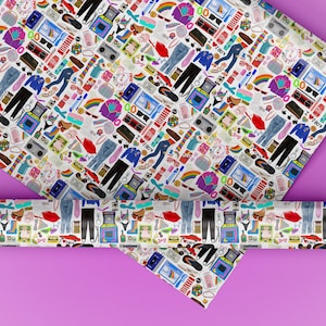 May include: A white wrapping paper with a repeating pattern of 80s themed icons. The icons include cassette tapes, sunglasses, boomboxes, rainbow flags, and more.