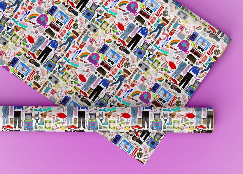 May include: A white wrapping paper with a repeating pattern of 80s themed icons. The icons include cassette tapes, sunglasses, boomboxes, rainbow flags, and more.