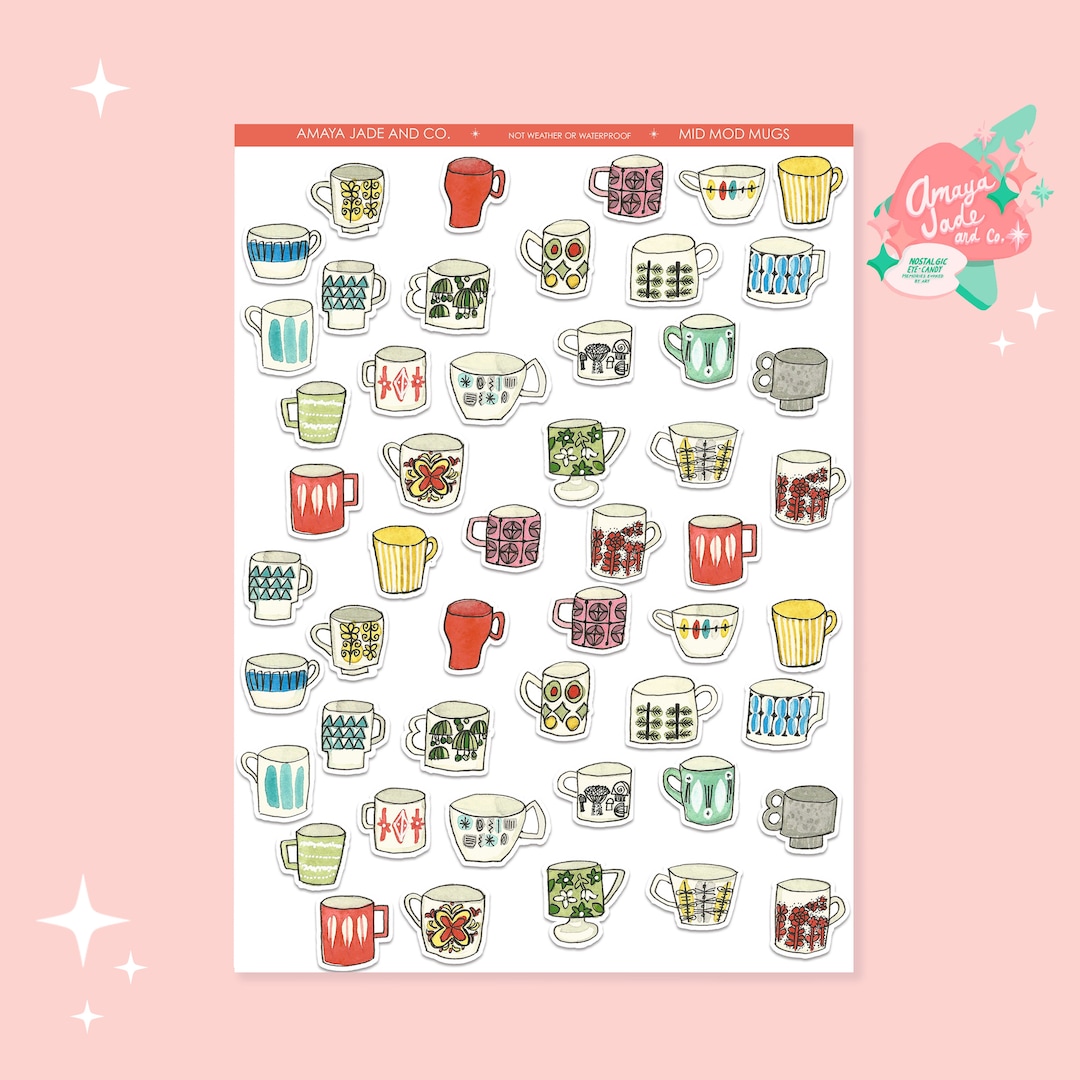 Mug Decor Sticker Mid-century Modern Mug Stickers: Watercolor Coffee Cup Art - Etsy
