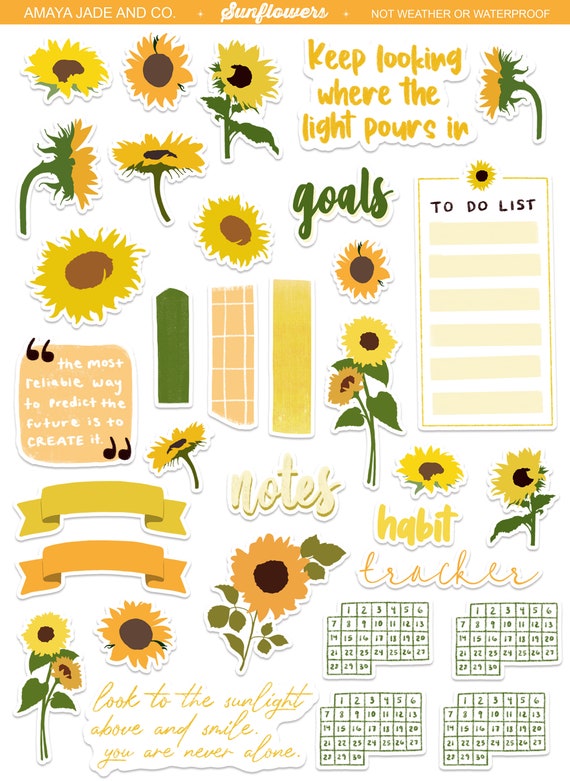 Sunflower Themed Journal Sticker Set Sunflowers Planner Stickers Journal Tracker Stickers Motivational Stickers Calendar Stickers