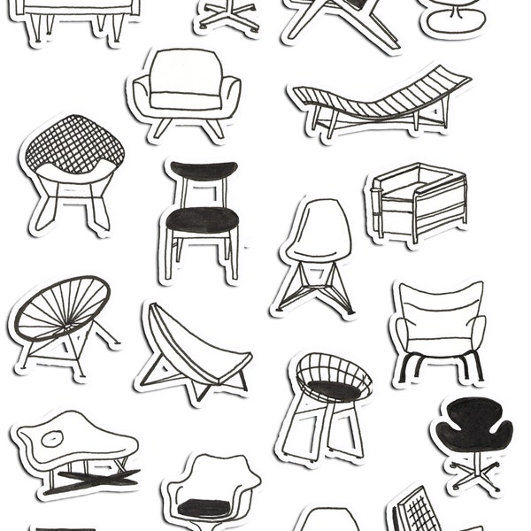 Mid-Century Modern Chairs Sticker Set, Mod Chairs Stickers, Retro Chairs, MCM Chairs Stickers, Designer Chairs Stickers, Planner Stickers