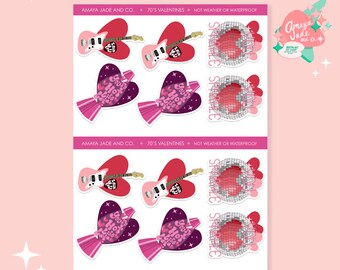 70s Valentine's Day Sticker Set: Disco Ball, Guitar, Heart