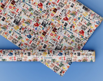 May include: A white wrapping paper with a repeating pattern of colorful images, including people, objects, and text. The images are arranged in a random, chaotic pattern.