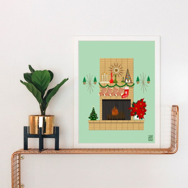 Mod Christmas Fireplace Art Print | Vintage Christmas | Nostalgia | Vintage Style | Retro | Ceramic Christmas Tree | Mod Fireplace | MCM