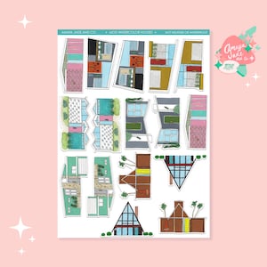 May include: A sheet of stickers featuring illustrations of mid-century modern houses in various colors and styles. The stickers are designed for use on planners, journals, and other surfaces.