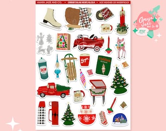 May include: A sheet of Christmas-themed stickers featuring a variety of retro-style illustrations, including a red truck, a Christmas tree, a sled, a Santa mug, and a snow globe. The stickers are white with a black outline and are perfect for adding a festive touch to planners, journals, and other surfaces.