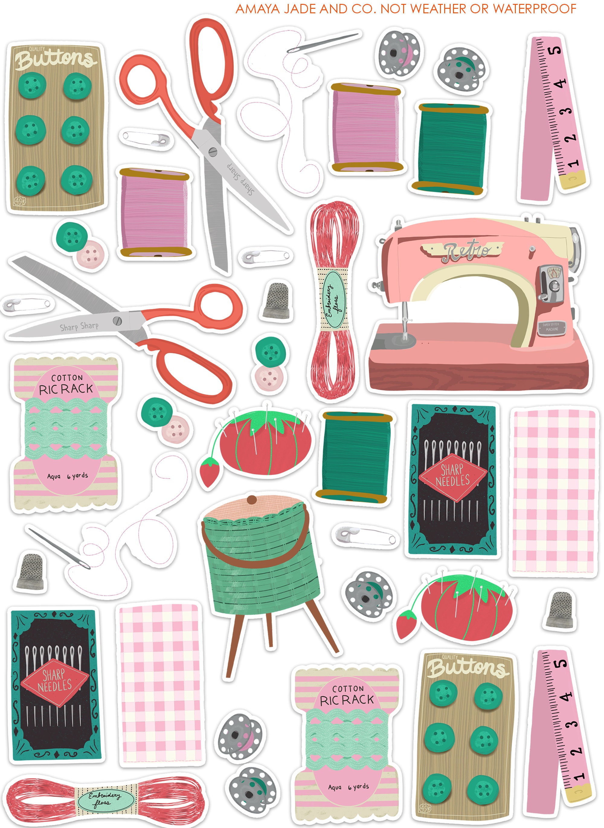 Sewing Tools and Notions Art Sticker Set | Stickers | Vintage | Thread |  Sew | Sewing Stickers | Retro | Needle | Thimble | Buttons | Pins