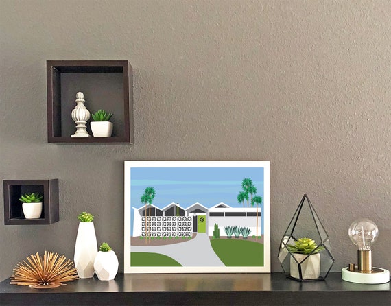 Mid Century Modern House With Green Door Print Palm Springs Etsy