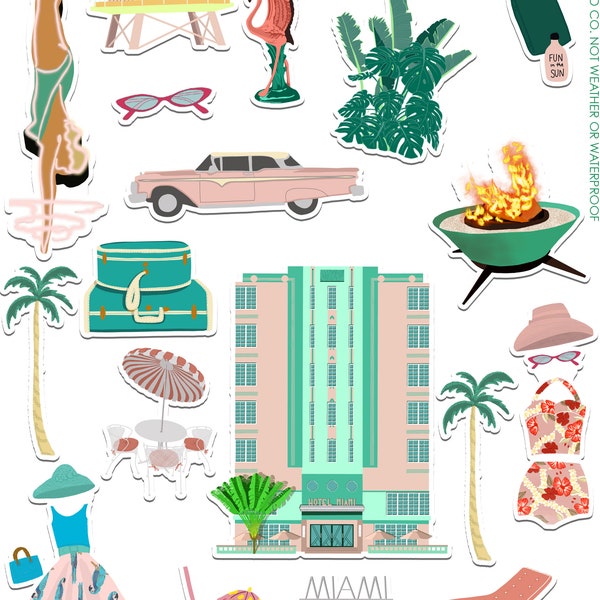 Vintage Miami Vacation Art Sticker Set | Summer | Tropical | Florida Vacation | Vintage Travel | Planner Stickers | Retro Miami | Beach