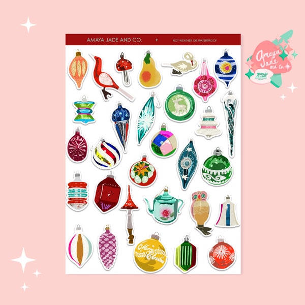 Vintage Glass Ornaments Art Sticker Set | Stickers | Labels | Glass Ornaments | Vintage ornaments | Season | Holidays | Retro | Christmas