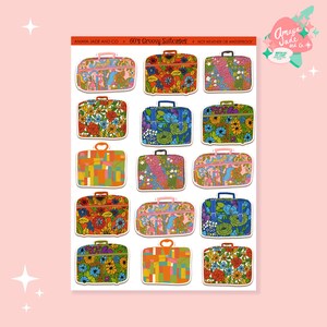 May include: A sheet of 18 groovy 60s style suitcase stickers. The suitcases are all different colors and patterns, including floral, geometric, and abstract designs. The stickers are perfect for adding a retro touch to your planner, laptop, or water bottle.