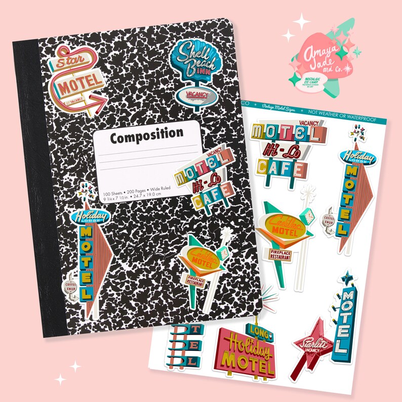 May include: A composition notebook with a black and white speckled cover. The notebook has stickers on it, including a red, white, and blue motel sign that says "Holiday Motel". There are also stickers of other motel signs, including "Star Motel", "Shell Beach Inn", and "Cadillac Motel".