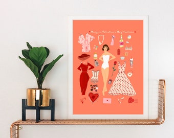 Margie's Valentine's Day Paper Doll Art Print: Mid-Century Mod Fashions