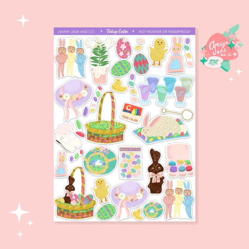 May include: A sheet of vintage Easter stickers featuring a variety of images, including bunnies, chicks, eggs, baskets, and food colouring. The stickers are on a white background with a pink border.
