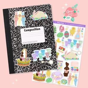 May include: A set of vintage Easter stickers featuring a variety of illustrations, including bunnies, chicks, eggs, and a basket of chocolate eggs. The stickers are printed on white paper and are perfect for adding a touch of whimsy to your Easter crafts.